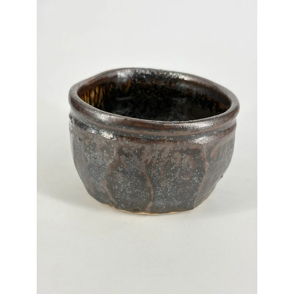 Studio Art Pottery Faceted Chawan Matcha Bowl Metallic Glaze Bumblebee Signed